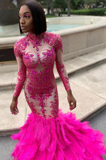 LONG SLEEVES CRYSTALS MERMAID EVENING GOWNS APPLIQUES PROM DRESS HZ1023